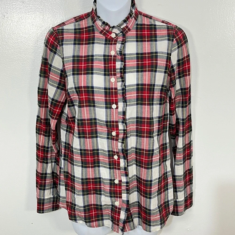 J. Crew Holiday Plaid Ruffle‎ Trim Button Down Blouse Women's Size XS